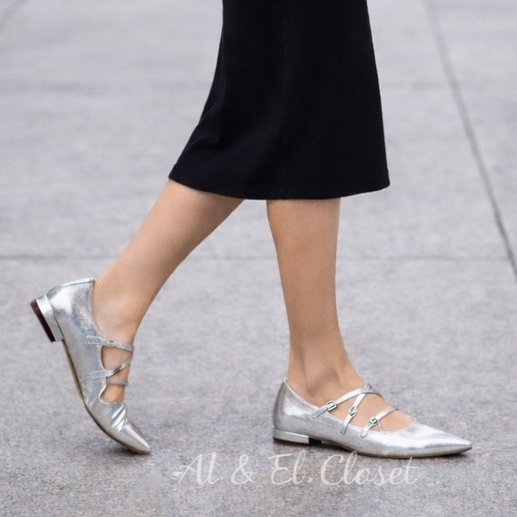 Sam Edelman Cass Metallic Silver 3-Strap Pointed Toe Flats 9 M New With Box